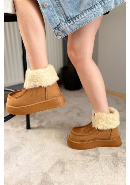 Kadın Impera Taba Süet Kürklü Fermuarlı 4 cm Kalın Tabanlı Kısa Bot fırsatları