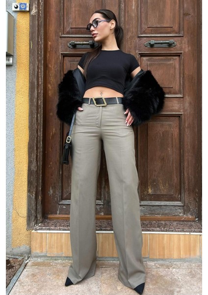 Haki Yüksek Bel Kumaş Pantolon MG2285