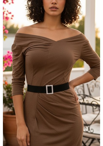 Pınkmark Kadın Gümüş Kaplamalı Zirkon Taşlı Dikdörtgen 4cm Genişlik Ayarlanabilir Lastik Kemer PMKM25720