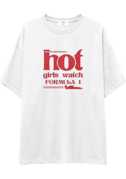 Hot Girls Watch Formula 1 Oversize Tişört - Beyaz