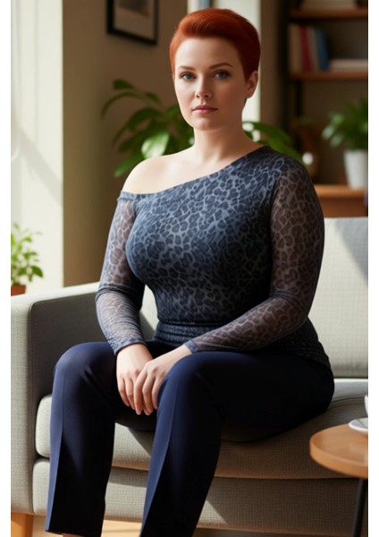 Kadın Moda Şık Büyük Beden Regular Asimetrik Yaka Slim Kalıp Örme Mesh Bluz