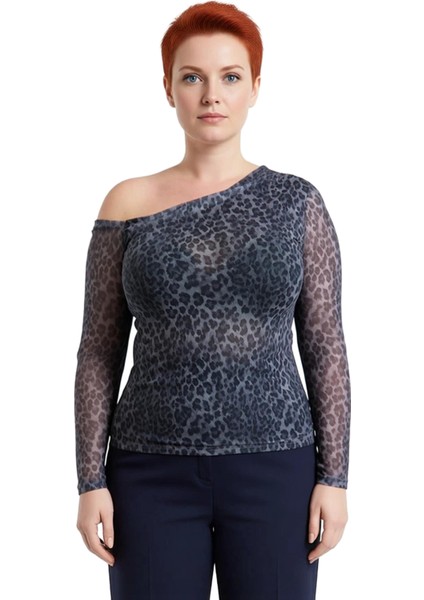 Kadın Moda Şık Büyük Beden Regular Asimetrik Yaka Slim Kalıp Örme Mesh Bluz fiyatları