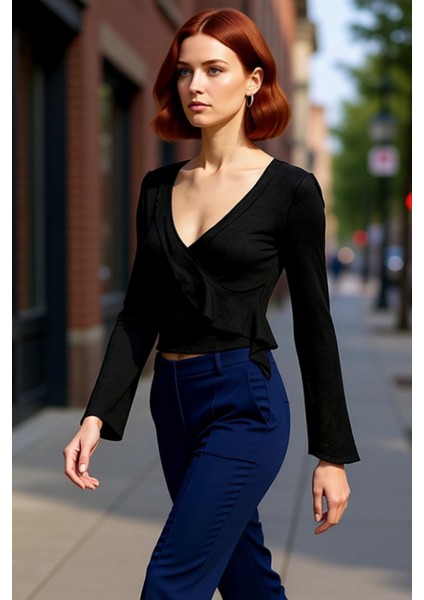 Kadın Regular Regular Kalıp Örme Anvelop Triko Görünümlü Normal Kalıp Bluz fırsatları