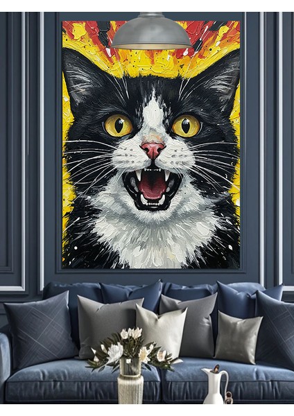 Şaşkın Ifadeli Siyah Beyaz Kedi Portresi Dekoratif Kanvas - Mdf Ahşap Tablo