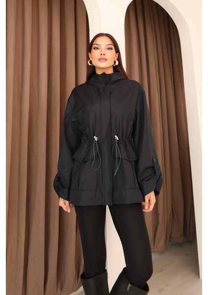 Kadın Lacivert Kapüşonlu Katlama Kol Detaylı Trençkot fiyatları