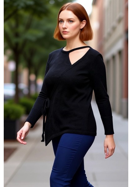 Kadın Triko Bluz Bağlamalı Detaylı Bisiklet Yaka Ince Kumaş Regular Fit Uzun Kol Kaliteli Şık modelleri