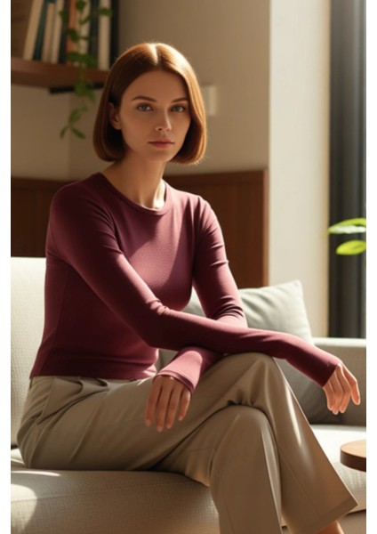 Kadın Moda Şık Üst Giyim Crop Bisiklet Yaka Slim Kalıp Örme Viskon Esnek Bluz