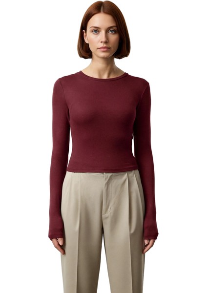 Kadın Moda Şık Üst Giyim Crop Bisiklet Yaka Slim Kalıp Örme Viskon Esnek Bluz fiyatları