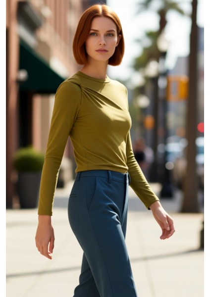 Kadın Uzun Kollu Bluz Vücuda Oturan Crop Omuz Burgusu Viskon Ribana Kaliteli Şık Rahat Modern fırsatları