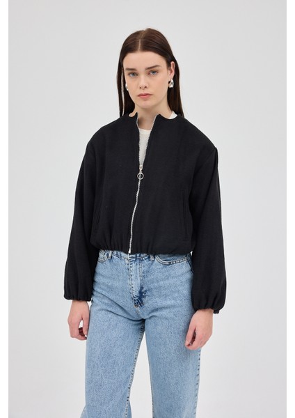 Siyah Balon Kol Fermuarlı Astarlı Kısa Kadın Ceket 3053A fiyatları