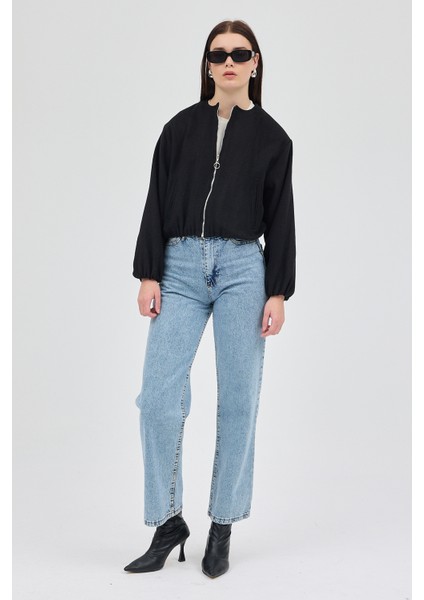 Siyah Balon Kol Fermuarlı Astarlı Kısa Kadın Ceket 3053A fırsatları