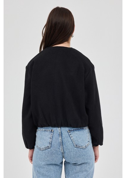 Siyah Balon Kol Fermuarlı Astarlı Kısa Kadın Ceket 3053A