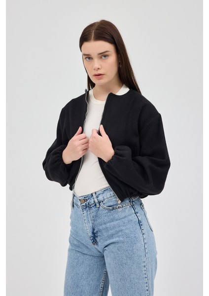 Siyah Balon Kol Fermuarlı Astarlı Kısa Kadın Ceket 3053A