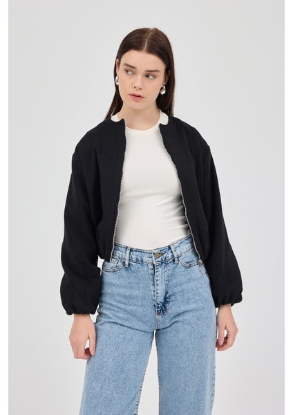 Siyah Balon Kol Fermuarlı Astarlı Kısa Kadın Ceket 3053A