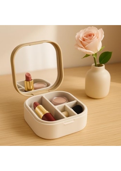 Suwors Taşınabilir Takı ve Makyaj Organizeri – Aynalı, 4 Bölmeli, Çanta Boy (9X9X3,7 Cm) | Seyahat Dostu, Kompakt ve Şık Tasarım