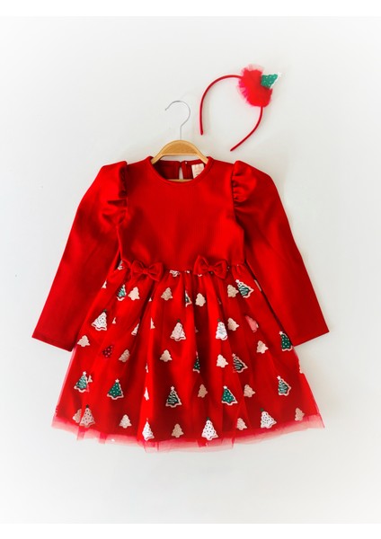 Kız Çocuk Karpuz Kol Noel Yılbaşı Temalı Kırmızı Elbise ve Taç Takım