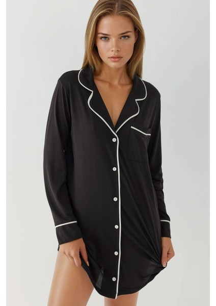 Kadın Ekstra Yumuşak Gömlek Yaka Mini Rahat Gecelik Siyah