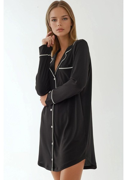 Kadın Ekstra Yumuşak Gömlek Yaka Mini Rahat Gecelik Siyah fiyatları