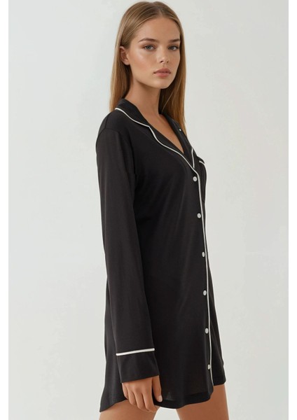 Kadın Ekstra Yumuşak Gömlek Yaka Mini Rahat Gecelik Siyah modelleri