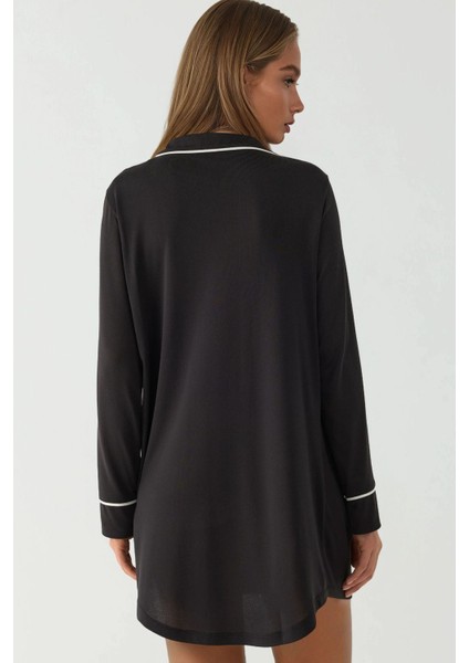 Kadın Ekstra Yumuşak Gömlek Yaka Mini Rahat Gecelik Siyah fırsatları