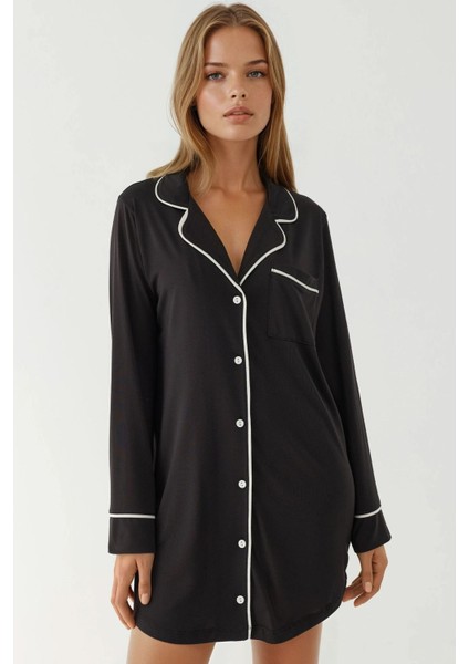 Kadın Ekstra Yumuşak Gömlek Yaka Mini Rahat Gecelik Siyah