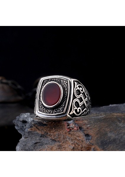 Oval Akik Taşlı Desen Motifli 925 Ayar Gümüş Erkek Yüzük
