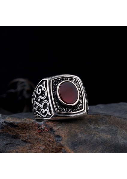 Oval Akik Taşlı Desen Motifli 925 Ayar Gümüş Erkek Yüzük fiyatları