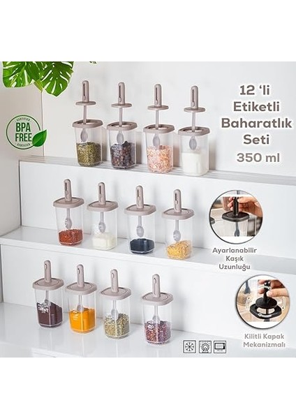 1100 Kaydırmalı Kaşıklı Sızdırmaz Kapaklı Etiketli 12'li Baharatlık Seti Saklama Kabı Şeffaf Cappuccino fiyatları