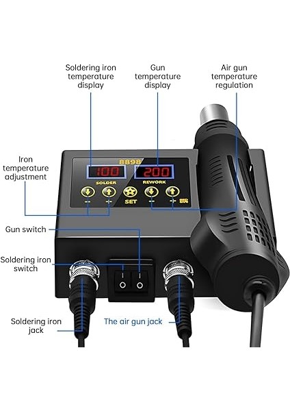 8898 2'si 1 Arada Lehimleme Istasyonu Dijital Ekran Sıcak Hava Kaynak Yeniden Işleme Sıcaklığı ve Hava Hacmi Ayarlanabilir Lehimleme Demiri Seti Cep Telefonu Bga Smd Pcb Ic Onarım Lehim modelleri