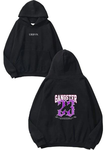 Gangster Tasarım Baskılı Oversize Siyah Kapüşonlu Sweatshirt