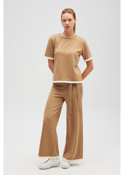 Rumi Kadın Triko Yanları Yırtmaçlı Pamuk Bluz - Camel