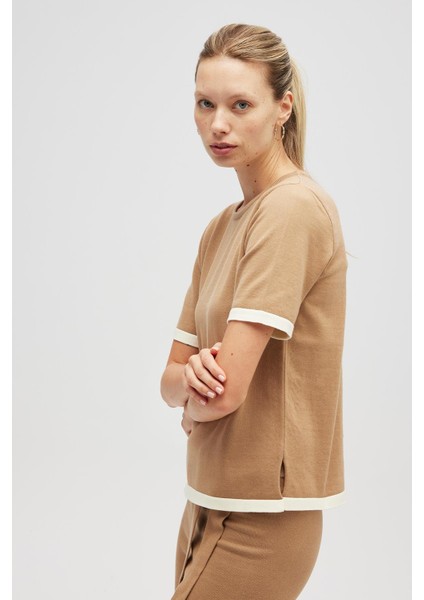 Rumi Kadın Triko Yanları Yırtmaçlı Pamuk Bluz - Camel modelleri