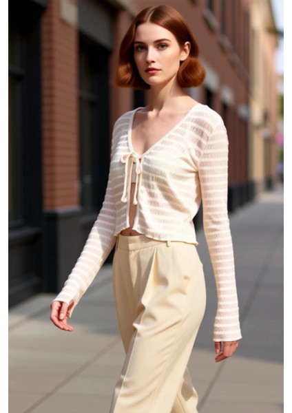 Kadın Esnek Dokulu V Yaka Bağlama Detaylı Crop Üst Kaliteli Şık Rahat Modern Zarif Günlük fırsatları