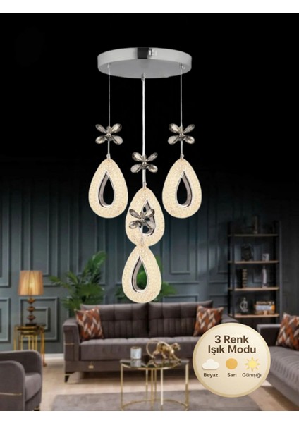 Damla Model 4'lü Krom 3 Renk Modu Ledli Kristal Taşlı Modern Salon Mutfak Oturma Odası LED Avize