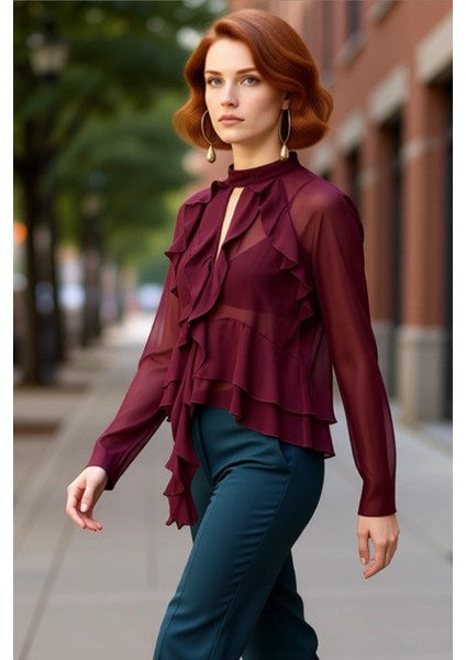 Kadınlar Için Zarif Fırfırlı Yüksek Yaka Uzun Kollu Şifon Bluz Kaliteli Şık Rahat Modern Zarif modelleri