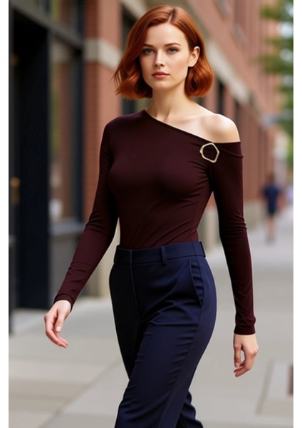 Kadınlar Için Asimetrik Yaka Uzun Kollu Aksesuar Detaylı Örme Bluz Kaliteli Şık Rahat Modern modelleri