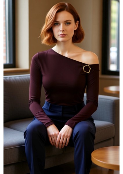 Kadınlar Için Asimetrik Yaka Uzun Kollu Aksesuar Detaylı Örme Bluz Kaliteli Şık Rahat Modern fırsatları