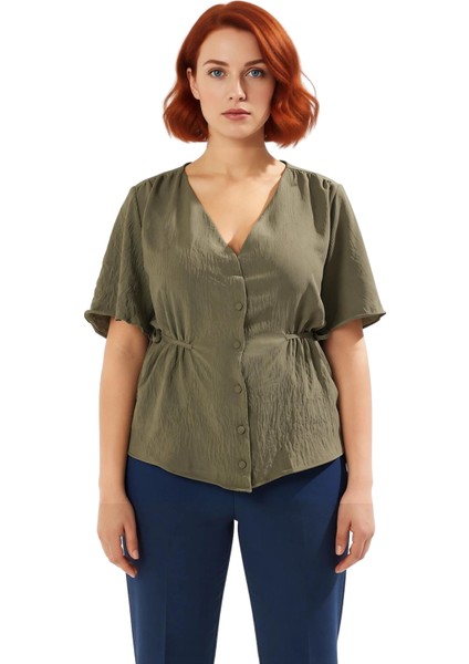 Kadın V Yaka Kısa Kollu Bağlamalı Düğmeli Aerobin Dokuma Bluz Yazlık Günlük Kullanım Için Cool modelleri