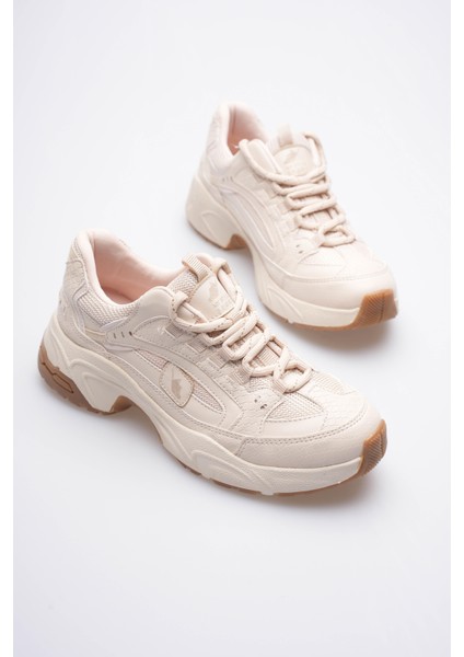 Kadın Sneaker File Baskılı Kalın Tabanlı Bej Rivex