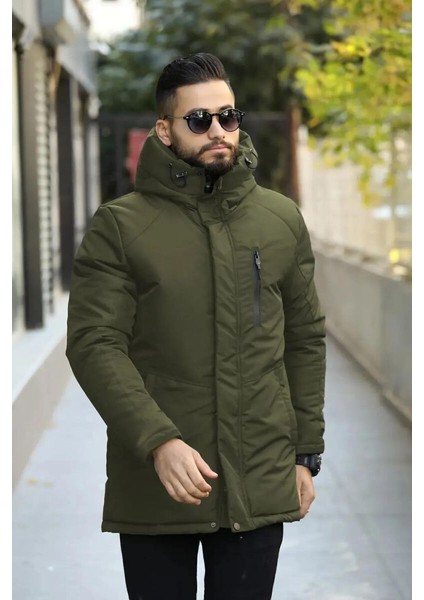 İçi Astarlı Su ve Rüzgar Geçirmez Cepli Kapüşonlu Erkek Mont