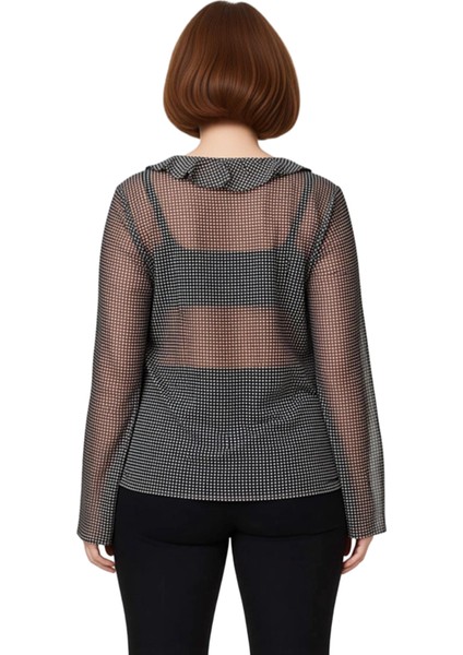 Kadın Ekose Desenli Tül Bağcıklı V Yaka Bluz Kaliteli Şık Rahat Modern Zarif Günlük modelleri