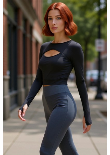 Kadın Crop Bisiklet Yaka Fitted Kalıp Örme Koyu Pencere Cut Out ve Baş Parmak Delik Spor Üst Bluz fırsatları