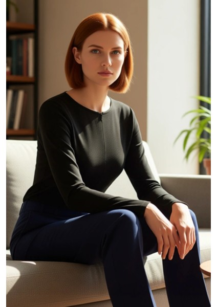 Kadın Uzun Kollu Vücuda Oturan Yarım Fermuarlı Örme Bluz Kaliteli Şık Rahat Modern Zarif Günlük