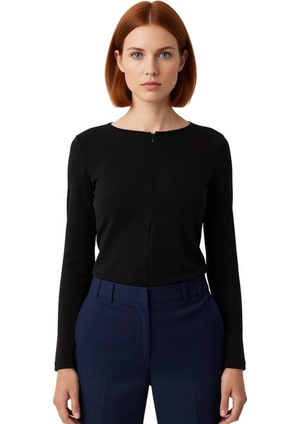 Kadın Uzun Kollu Vücuda Oturan Yarım Fermuarlı Örme Bluz Kaliteli Şık Rahat Modern Zarif Günlük fiyatları