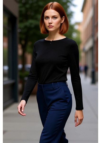 Kadın Uzun Kollu Vücuda Oturan Yarım Fermuarlı Örme Bluz Kaliteli Şık Rahat Modern Zarif Günlük fırsatları