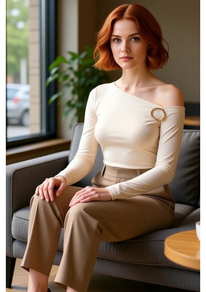 Kadınlar Için Fitted Uzun Kollu Aksesuar Detaylı Asimetrik Yaka Bluz Kaliteli Şık Rahat Modern