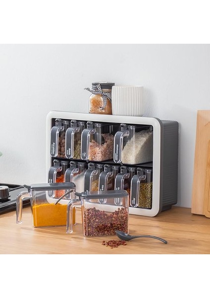 1118 12LI Standlı Kendinden Yapışkanlı Kaşıklı Kapaklı Baharatlık Saklama Kabı Seti - Antrasit Beyaz