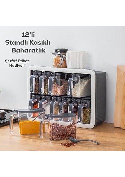 1118 12LI Standlı Kendinden Yapışkanlı Kaşıklı Kapaklı Baharatlık Saklama Kabı Seti - Antrasit Beyaz fiyatları