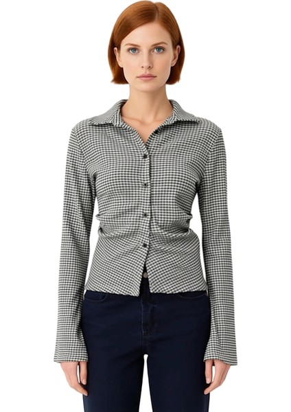 Kadın Fitted Örme Bluz Gömlek Yaka Ispanyol Kol Uzun Kollu Kareli Desen Kaliteli Şık Rahat fiyatları