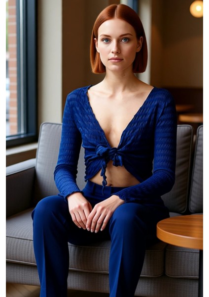 Moda V Yaka Örme Regular Düz Desen Casual Günlük Regular Uzun Kol Bluz